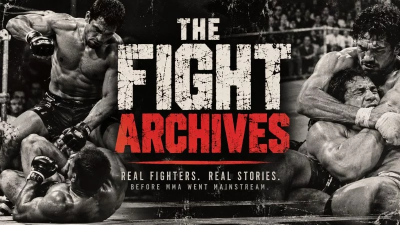 The Fight Archives by Choke Athletic featuring vintage-style MMA striking and grappling scenes celebrating the history of No Holds Barred fighting, Vale Tudo, and early mixed martial arts.